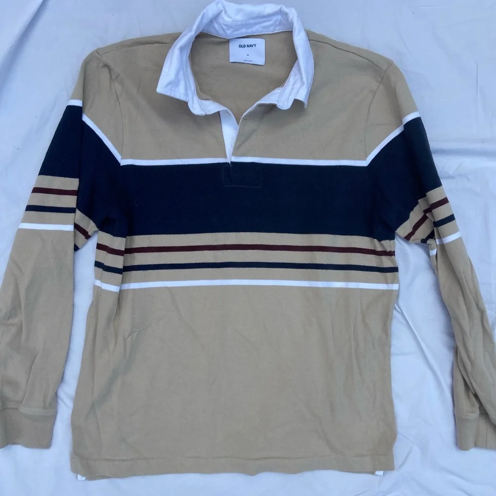 Rugby Tan Bergundy and blue Striped Shirt, Size M Old Navy, Barely Worn - Picture 1 of 4